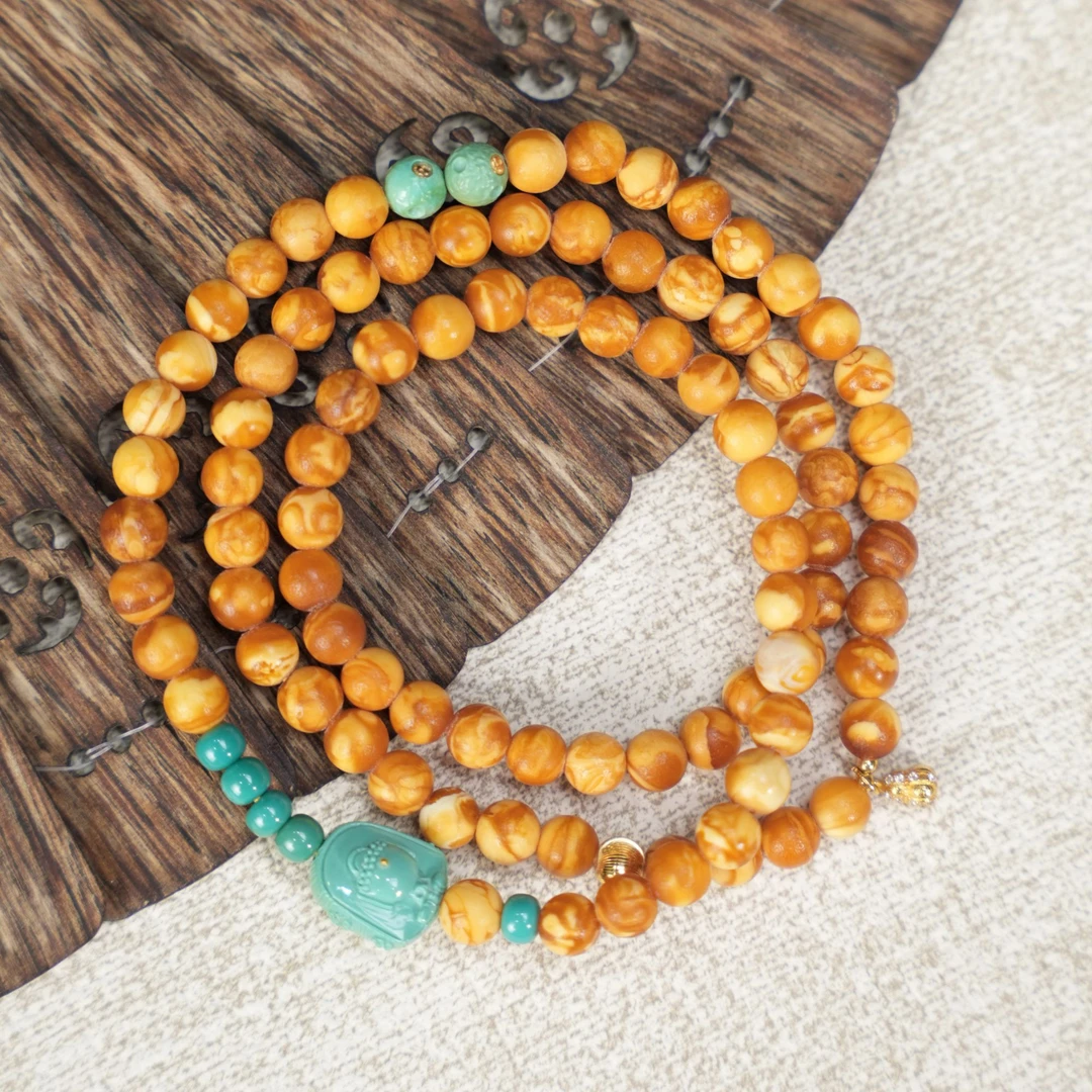 【壹芳珠宝】天然原矿蜜蜡18k金镶妖花无相宝宝佛多圈6mm