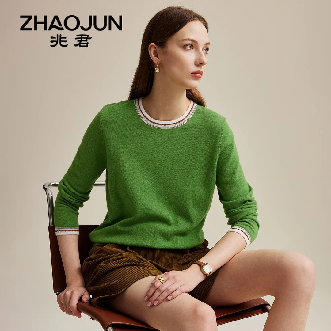 zhaojun/兆君秋冬新款圆领长袖经典撞色女式针织羊毛衫ZSS2146