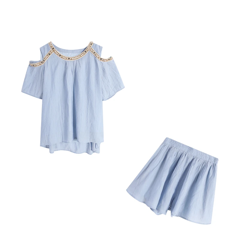 蓝色上衣+短裤两件套ZL108783套装夏季夏装气质减龄休闲短袖女装