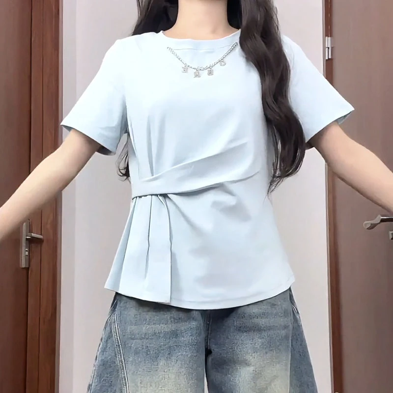 时尚百搭宽松显瘦上衣夏季胖MM大码女装不规则开叉正肩短袖T恤女