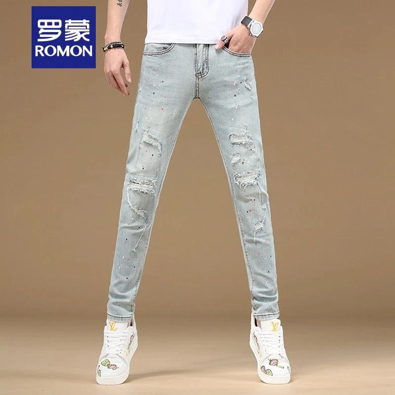 Romon/罗蒙时尚潮流破洞修身牛仔裤2025春夏秋新款弹力高端小脚
