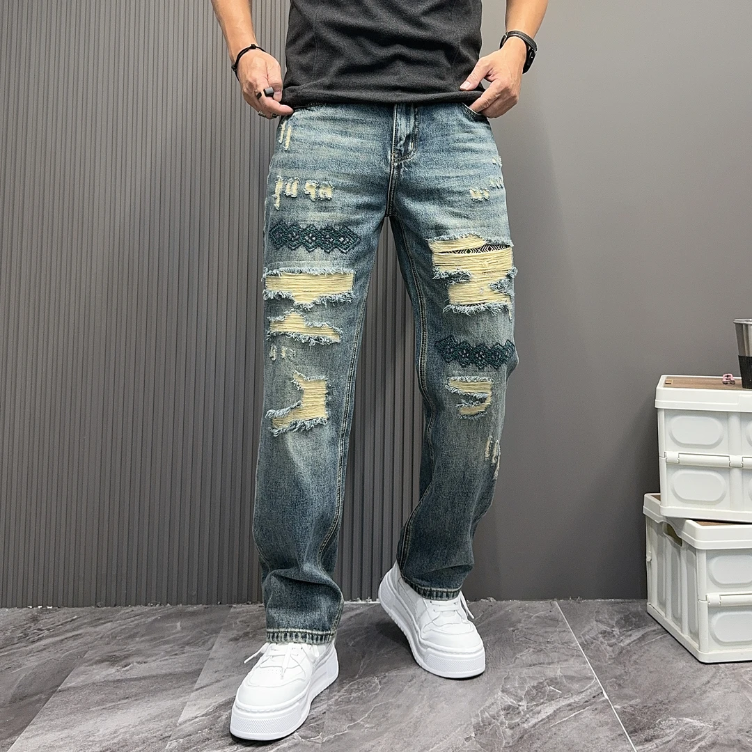 新款复古猫须破洞男士牛仔裤春秋季潮宽松直筒裤男装痞帅青年裤子