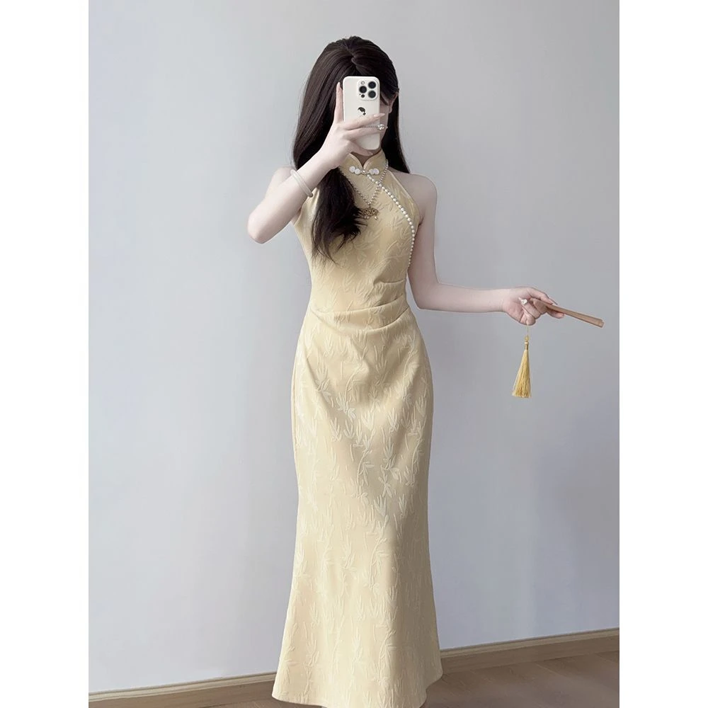 现货现货 全包边旗袍2025新款夏季少女年轻高端修身挂脖袍新中式