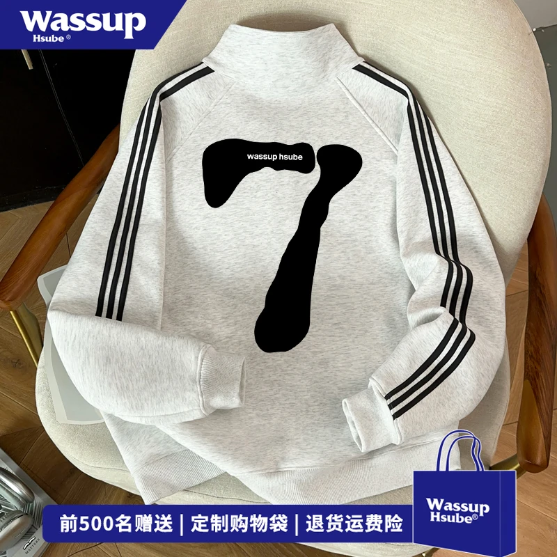 WASSUP HSUBE嘻哈潮流美式三条杠卫衣男秋冬季数字7印花宽松外套