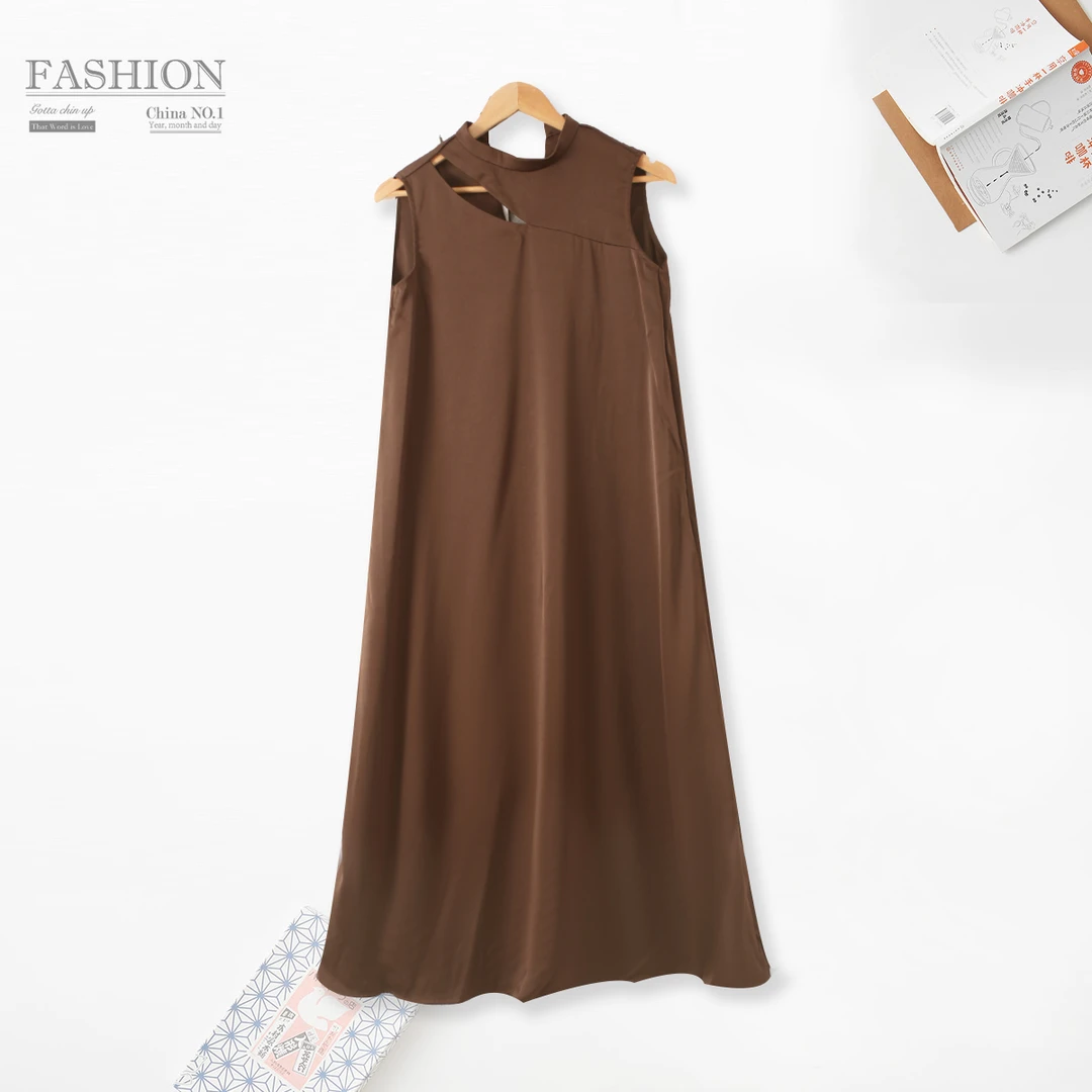 春季新款女士直筒连衣裙无袖系带时尚气质长款00419简约百搭