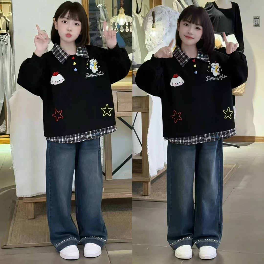 女童卫衣套装春秋款2025新款儿童假两件上衣儿童秋季阔腿裤两件套