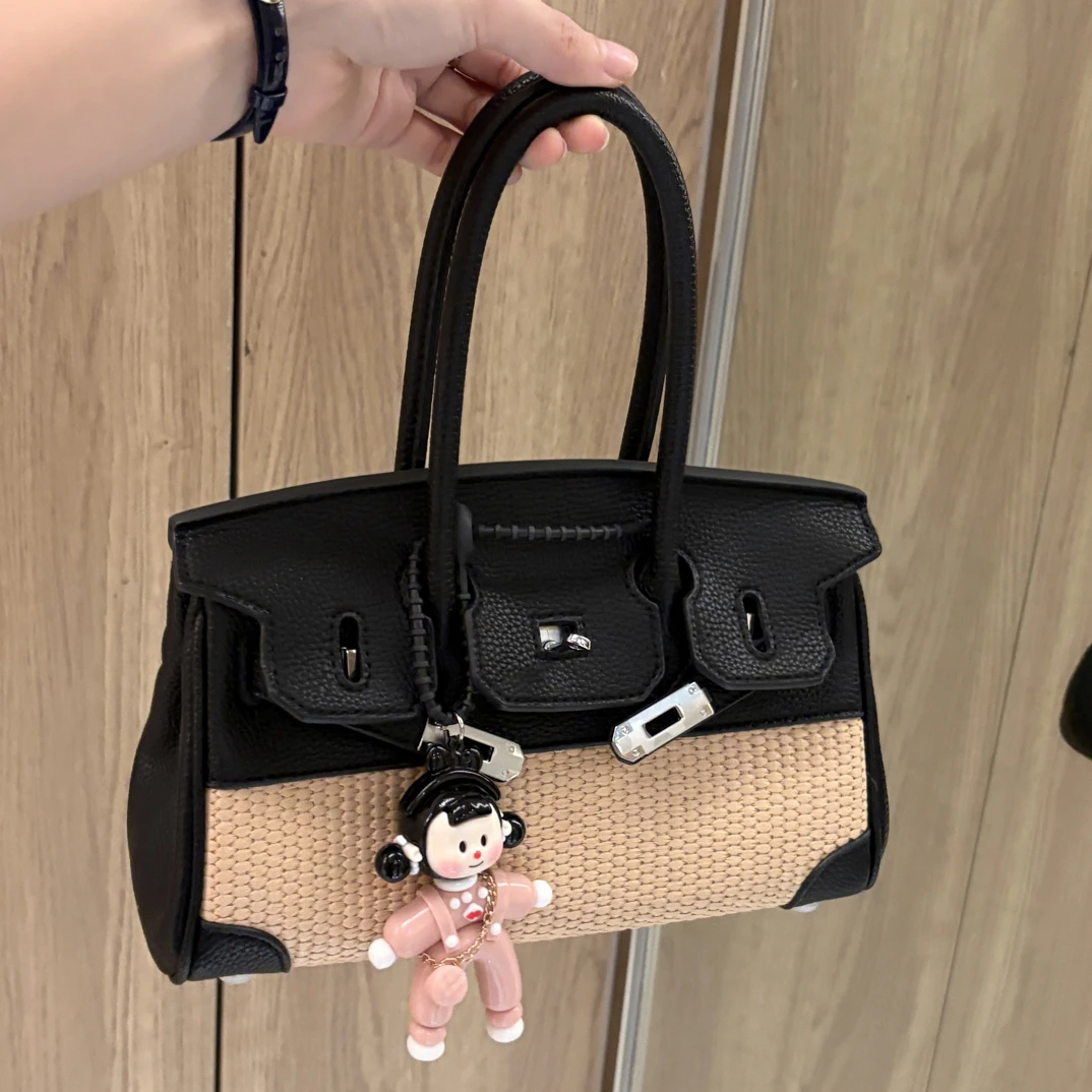 高级感铂金色包时尚单肩帆布拼接简约托特包通勤百搭大容量手提