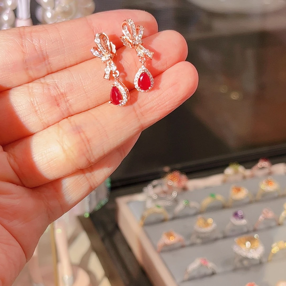 红宝石耳饰银S925镶嵌