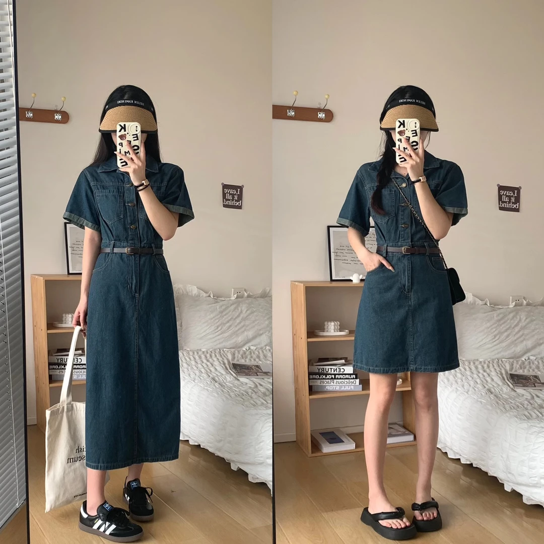 夏季新款休闲气质短袖牛仔连衣裙女收腰高级感复古chic小个子长裙