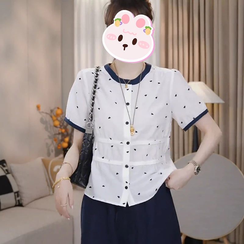 撞色拼接爱心短袖衬衫女士夏季新款时尚气质洋气宽松显瘦圆领衣服