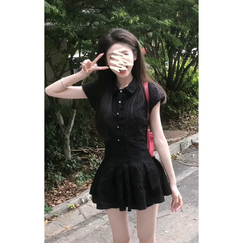 韩系黑色气质泡泡袖翻领连衣裙女夏季新款收腰显瘦褶皱A字短裙子