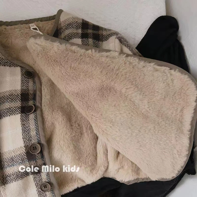 毛呢格子儿童加绒外套韩版2025秋冬新款男童女童外衣宽松宝宝棉衣