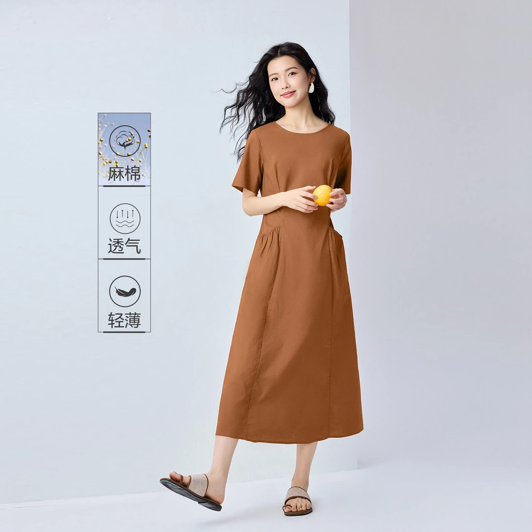 佐丹奴气质绑带连衣裙女天然棉麻夏季圆领短袖连衣裙 05465331