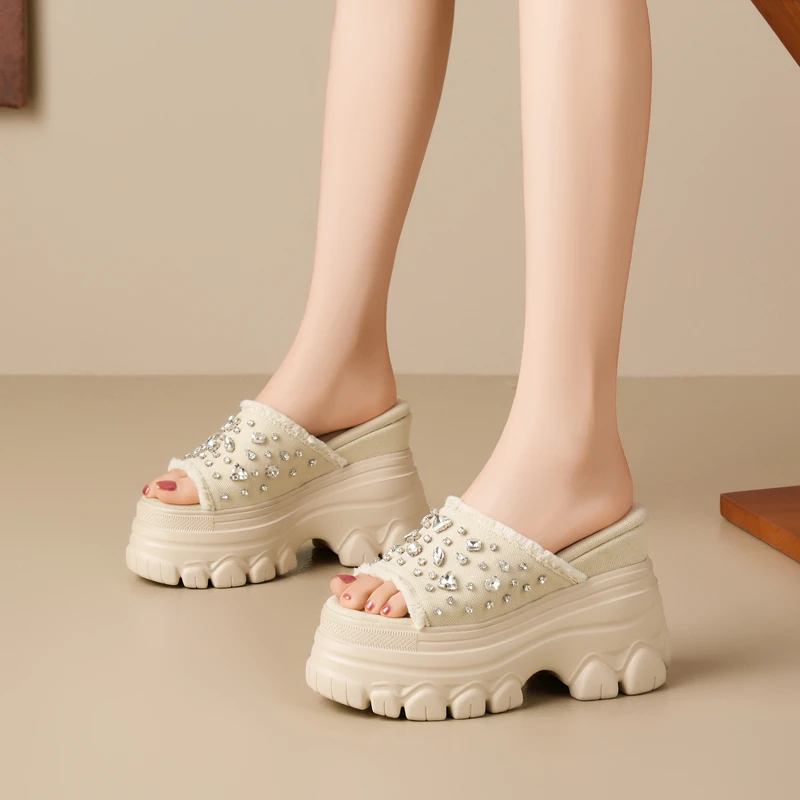 12cm增高凉拖鞋女高跟松糕厚底增高一字拖水钻牛仔帆布坡跟拖鞋