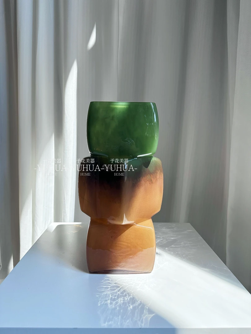 予花中古琉璃方口花瓶水养鲜花几何绿色花器 客厅摆件小众高级感