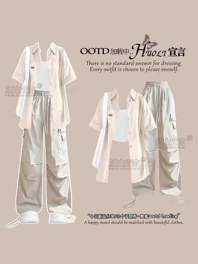 夏装女生韩系ins衣服防晒工装短袖衬衫吊带休闲工装裤时尚三件套