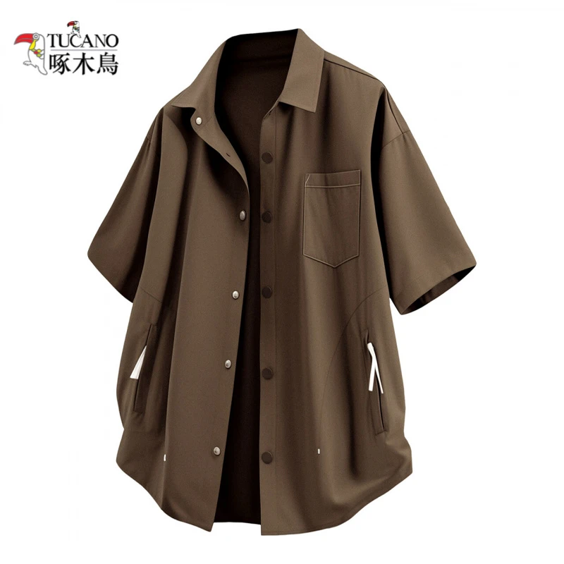 啄木鸟冰丝短袖衬衫男夏季薄款凉爽高级感痞帅落肩男生五分袖衬衣