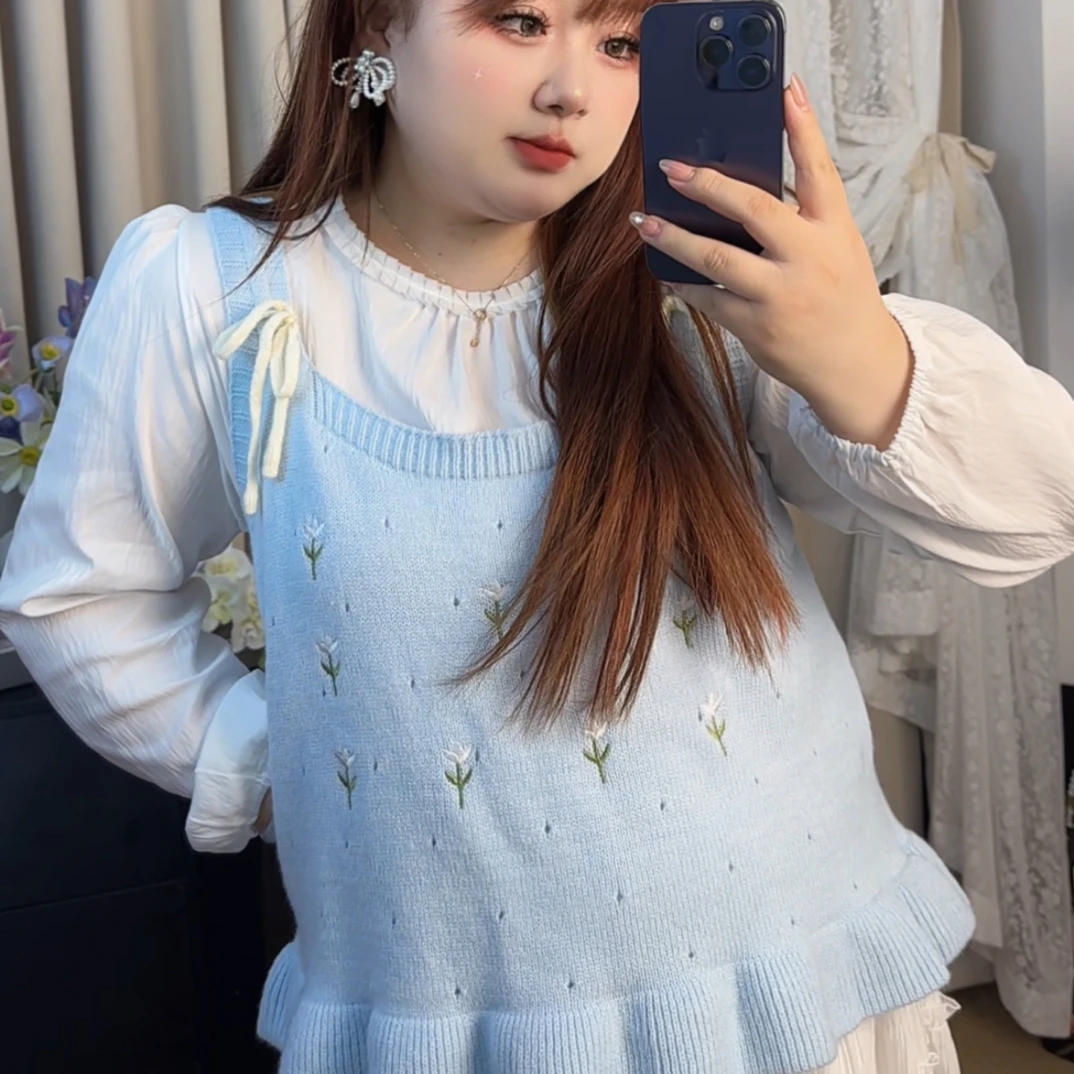 大码胖mm显瘦针织背心+花边衬衫打底韩版甜美可爱两件套