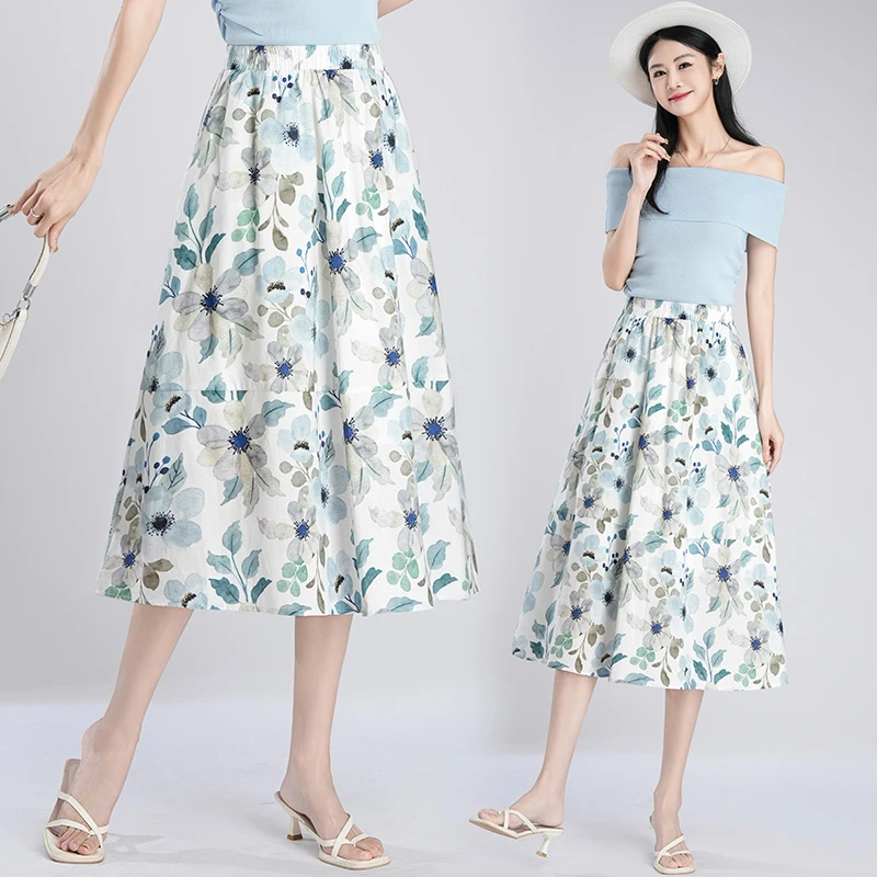 复古油画碎花半身裙女2025夏季新款高腰中长款显瘦松紧腰A字伞裙