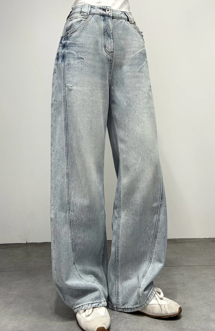 92808#浅蓝色弯刀牛仔裤夏季新款复古欧货宽松休闲百搭阔腿拖地裤
