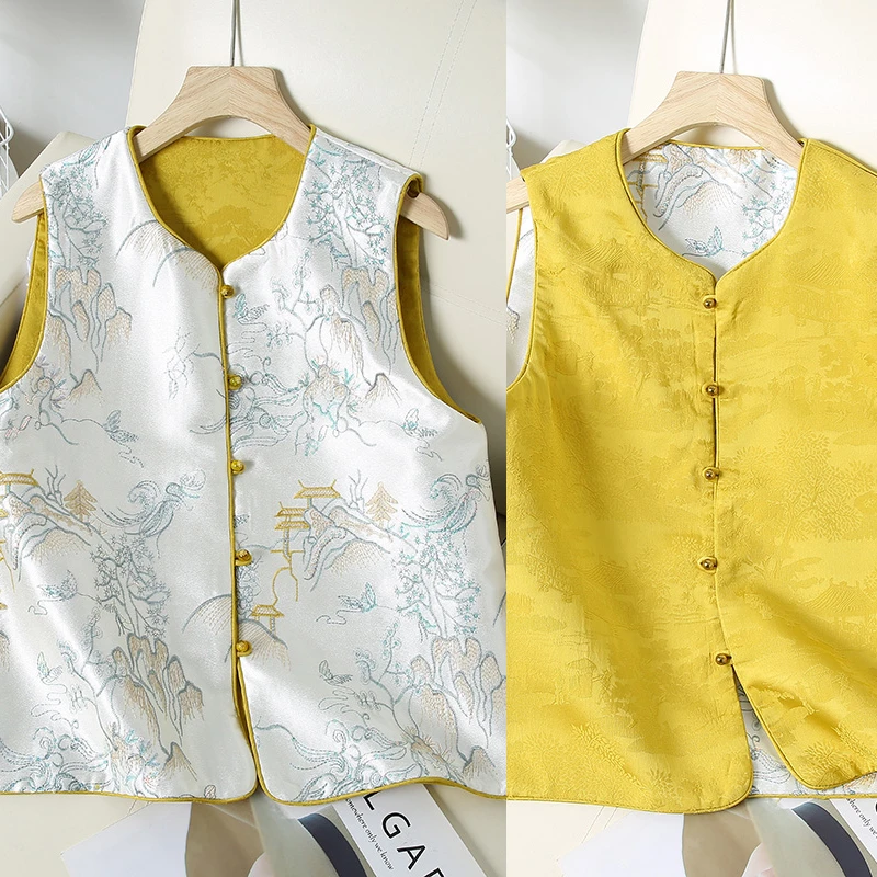 品质满分！双面穿国风马甲背心春秋女装坎肩新中式刺绣上衣马夹