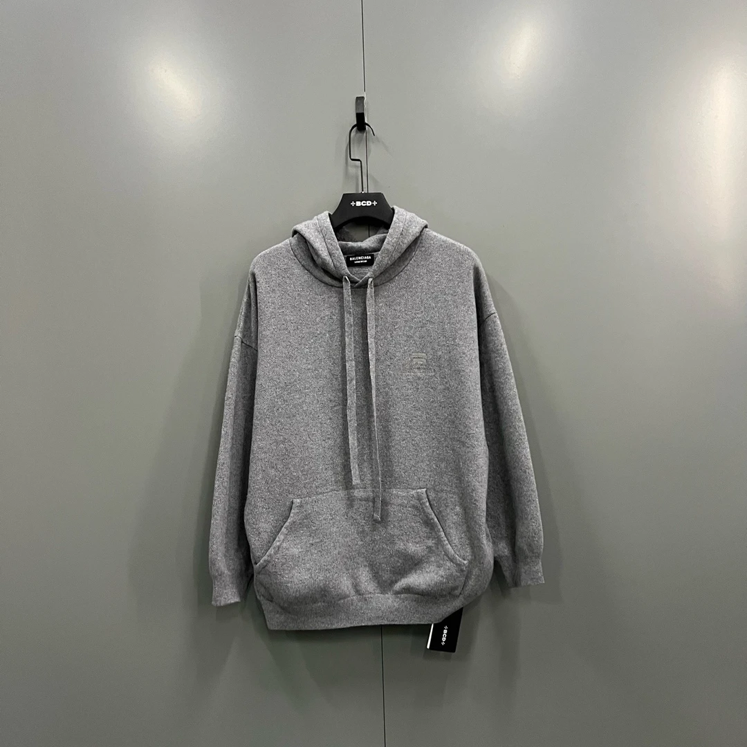 95新 Balenciaga/巴黎世家 (bb)126 灰色双钩刺绣针织帽衫 1码