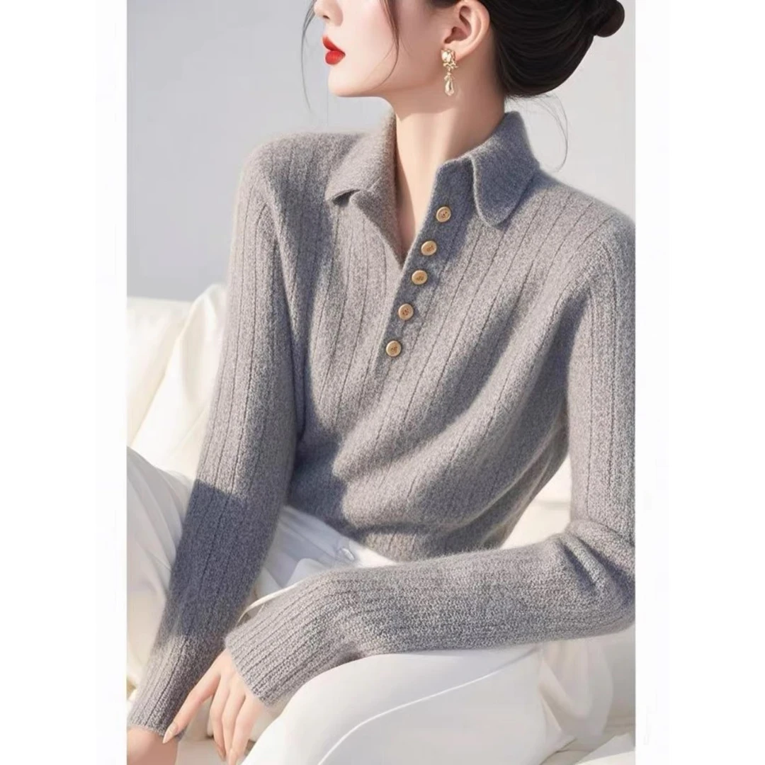 冬季高级感超好看灰色翻领女秋冬慵懒风软糯内搭外穿针织上衣