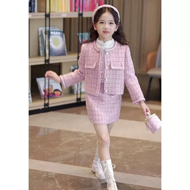 女童小香风套装裙子秋冬2025新款韩版儿童外套短裙女孩洋气三件套