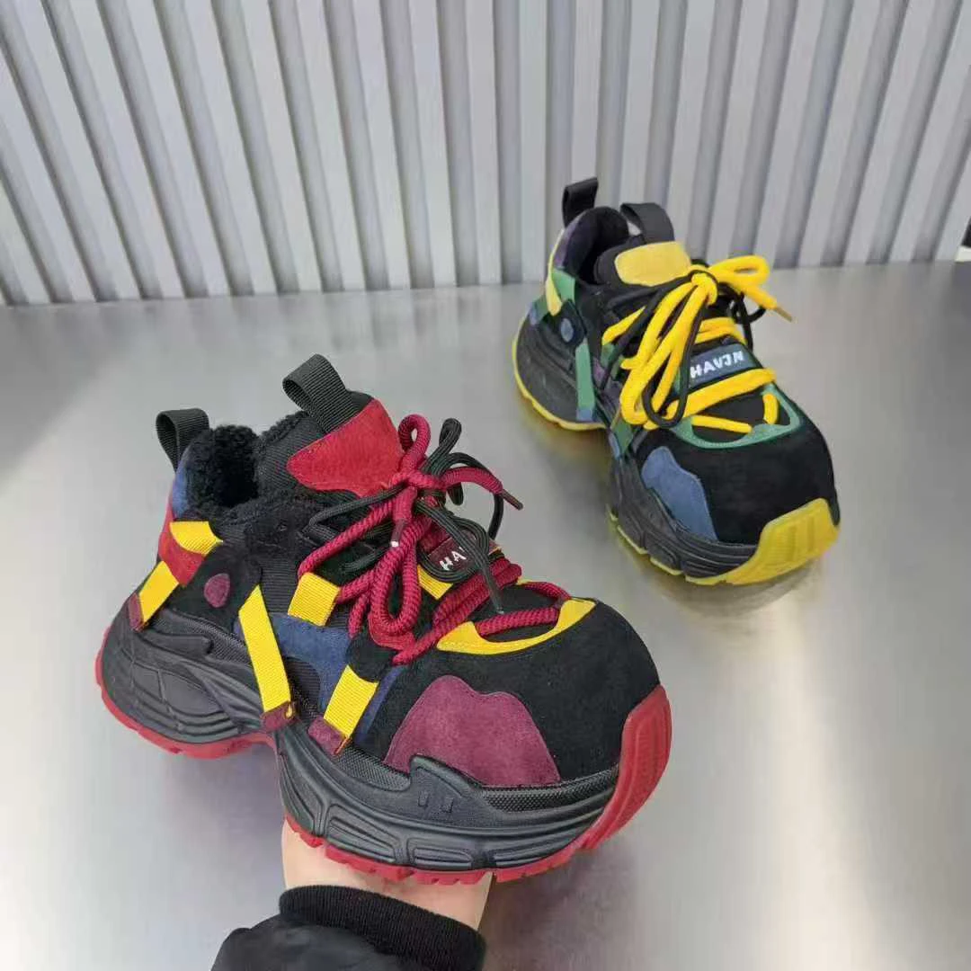 25年冬季嘎达毛大棉拼色时尚老爹鞋增高防滑拼色系带老爹鞋