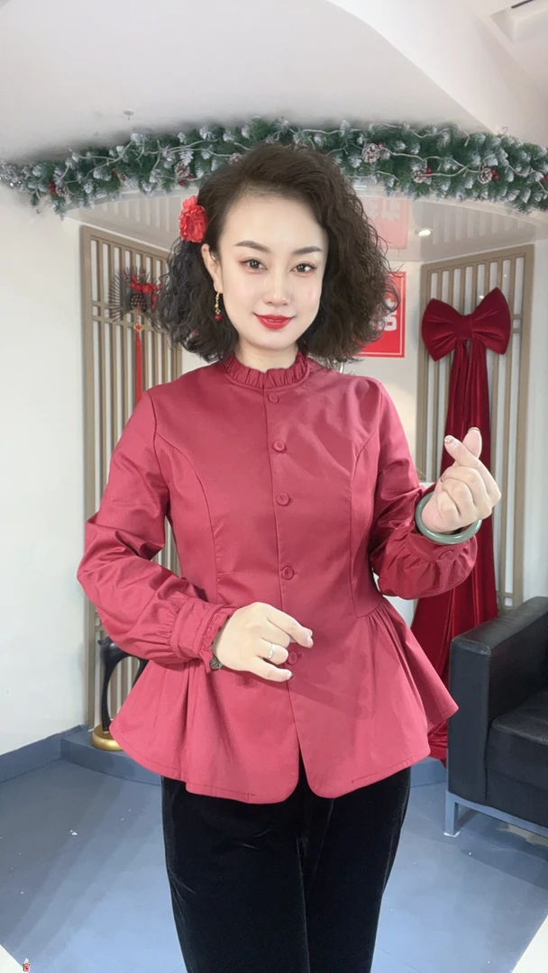 【秋冬加绒】时尚百搭中国红木耳边立领长袖百褶棉质修身衬衫7312-1