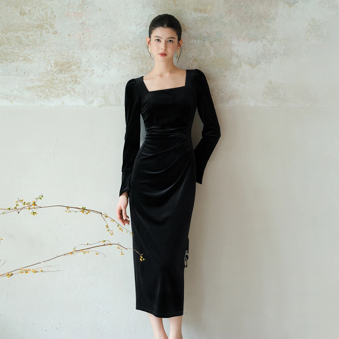 初蝉衣事【墨绮】新中式丝绒连衣裙女25秋新款赫本风小黑裙608021-N