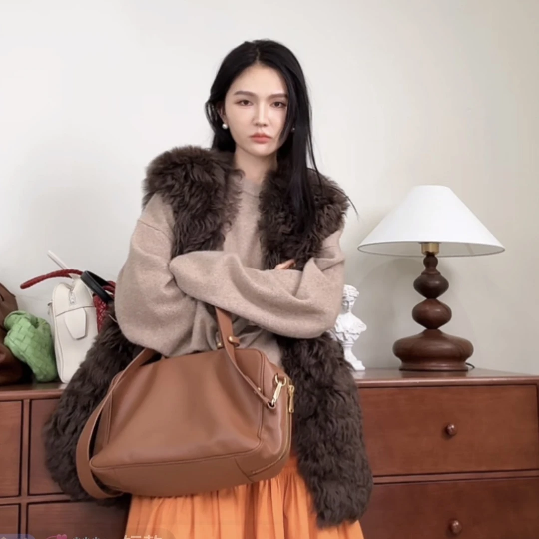 【塔鹿蕾】设计师高级时尚复古卷毛皮毛一体洋气马甲上衣4156