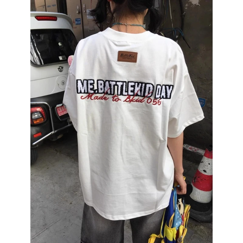 字母魔术贴刺绣短袖男夏季高级感重磅正肩t恤cleanfit情侣五分袖