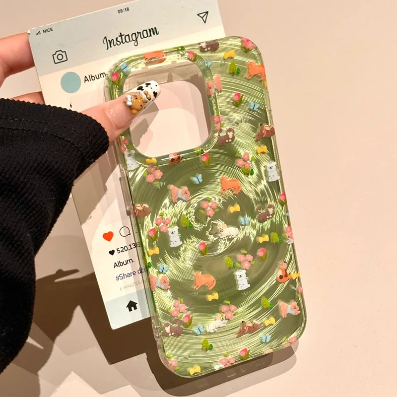 春日漩涡碎花小狗适用iPhone16苹果13手机壳15promax小众11/14女