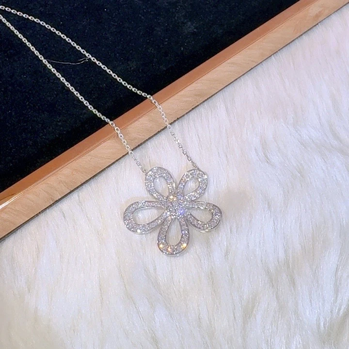 实验室培育钻石18K白金满钻格桑花颈饰气质轻奢时尚百搭甜美