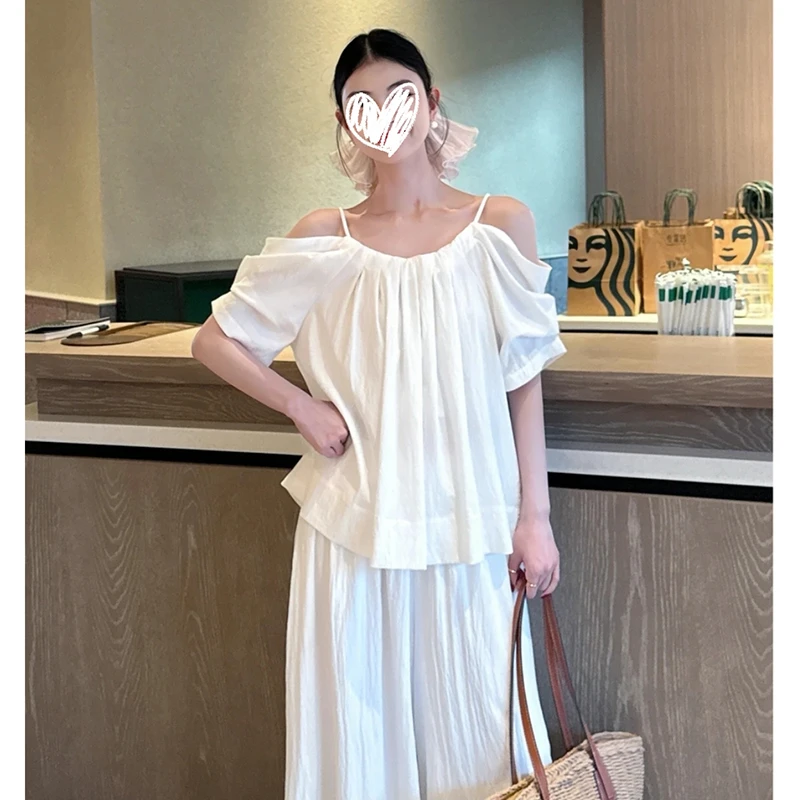 FRVXO【晴天心动】法式夏季宽松露肩正反面设计穿法上衣白色阔腿裤