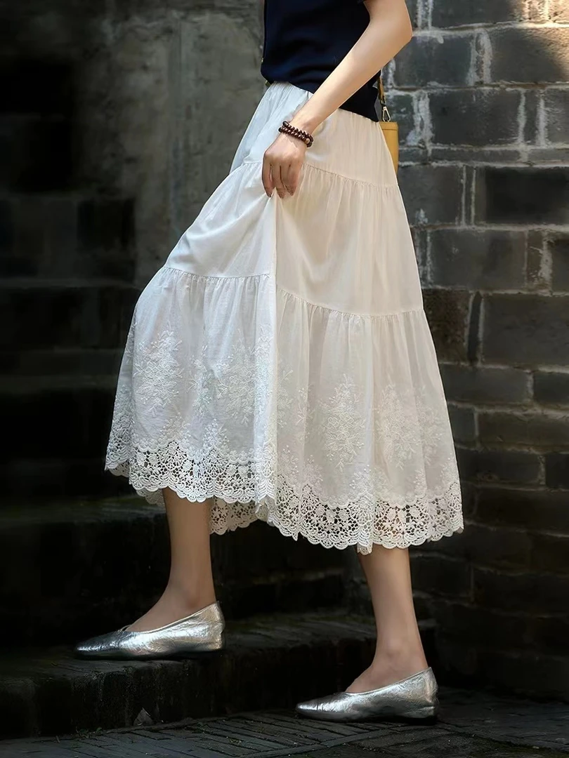 高织棉白色重工蕾丝刺绣半裙夏季