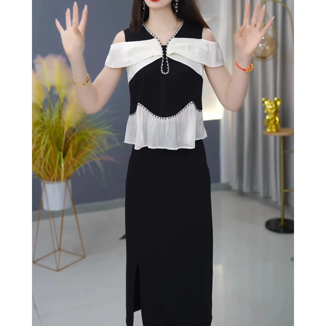 2025小香风休闲风时尚套装短袖法式纯欲风藏族风格收腰轻奢黑色