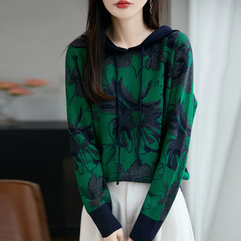 品牌女装正品女连帽印花针织春秋厚款法式时尚提花宽松百搭上衣