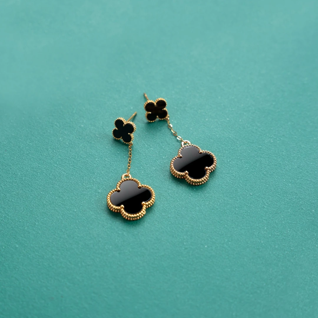 双花耳饰 黑玛瑙 18k金镶嵌k黄k玫 红色经典