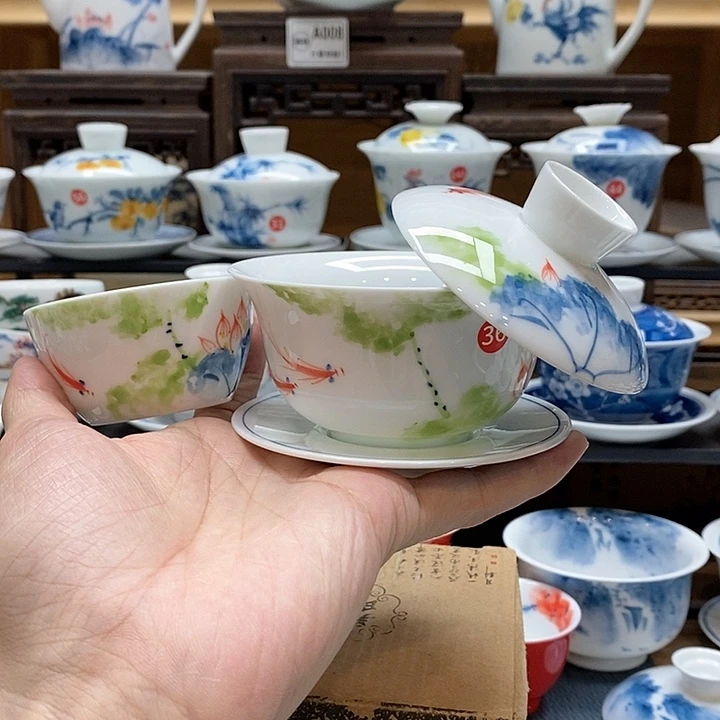 手绘五彩荷花150cc➕水缸杯60cc釉下彩微瑕福利款