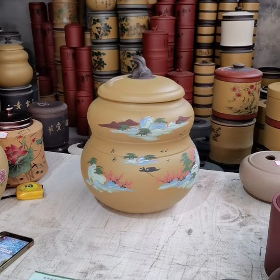 紫砂茶叶罐大葫芦黄山水9