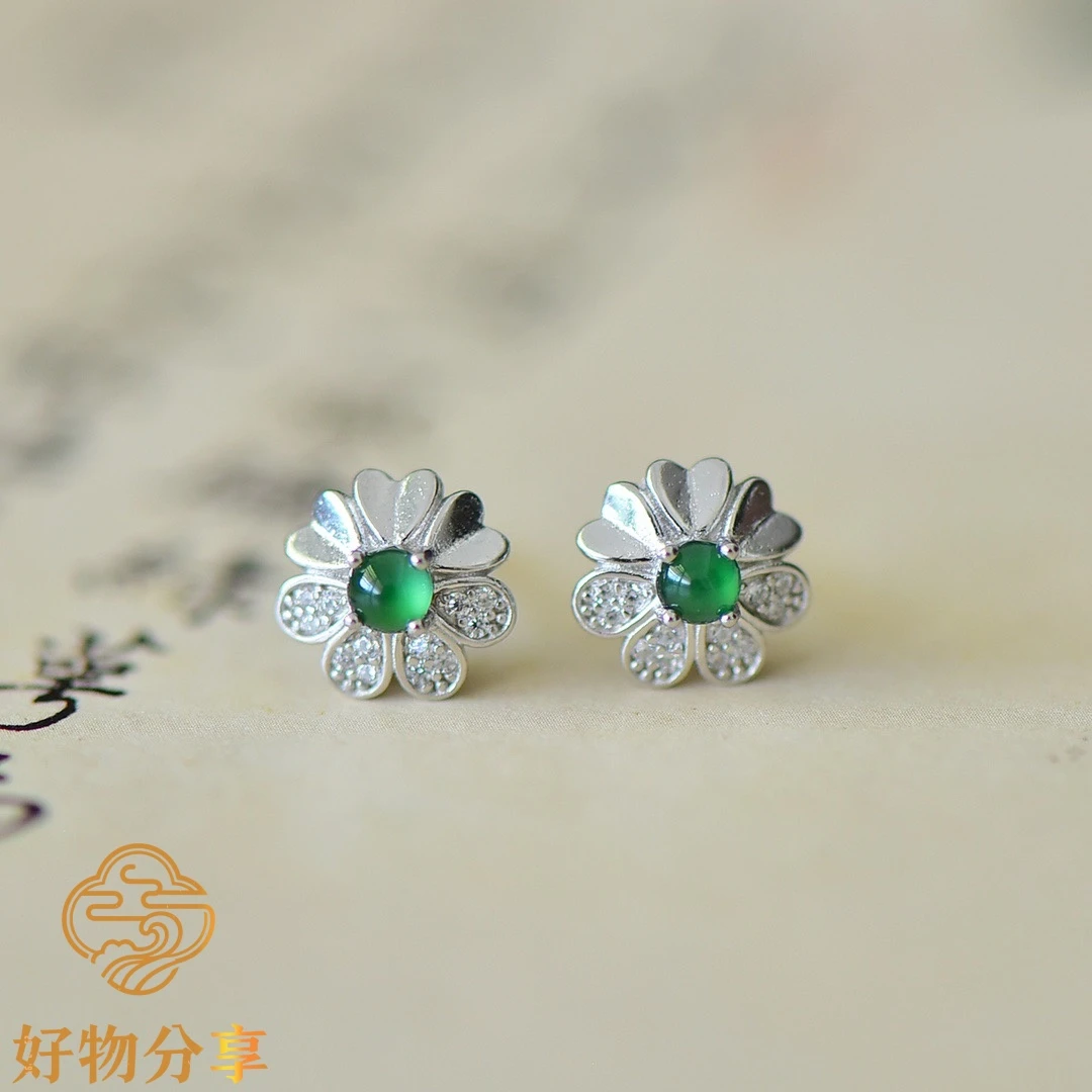 s925银镶翡翠蛋面气质时尚百搭精致小清新耳钉适合自带送礼