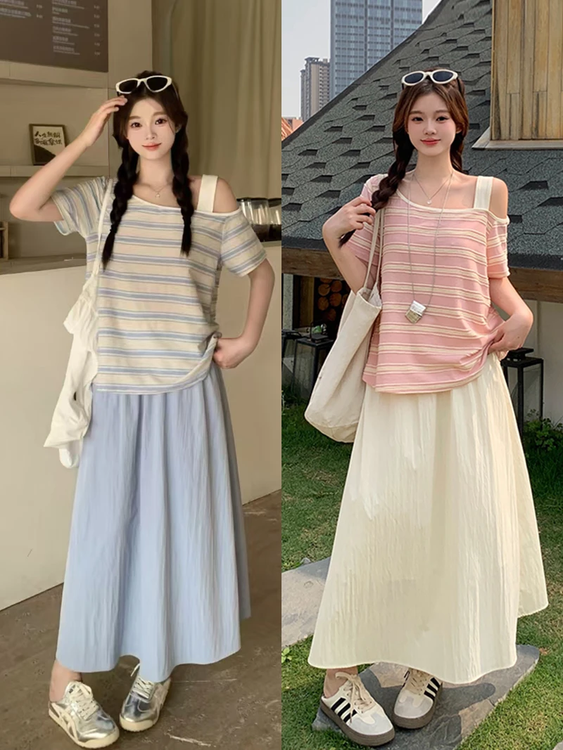 2025夏新胖mm大码女韩露肩条纹短袖上衣纯色半裙套装 A0799+21817