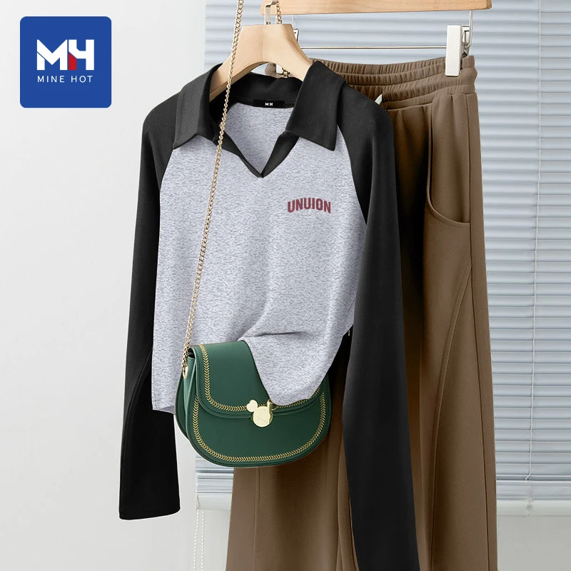 唐狮集团MH百搭宽松长袖针织衫女2025新款POLO领洋气假两件上衣U