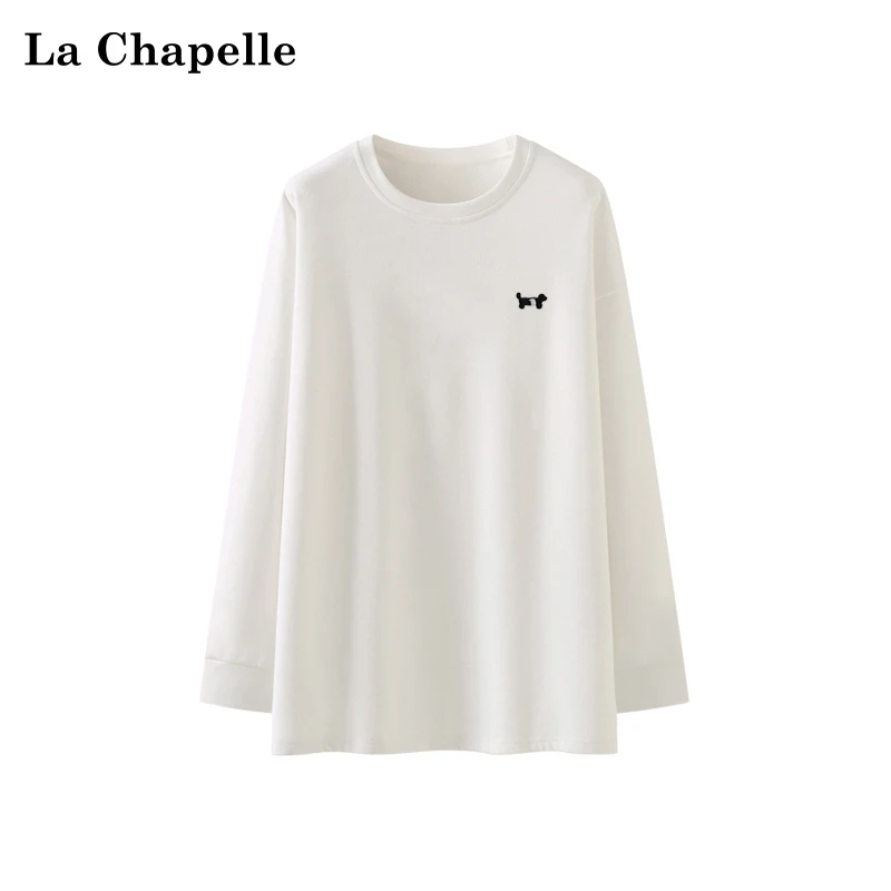 拉夏贝尔小狗刺绣长袖T恤女磨毛加厚宽松休闲白色百搭打底衫上衣