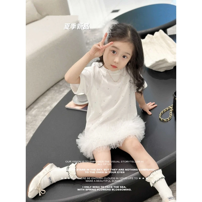 女童夏季法式T恤裙小女孩韩版新款洋气甜美拼接网纱仙气连衣裙