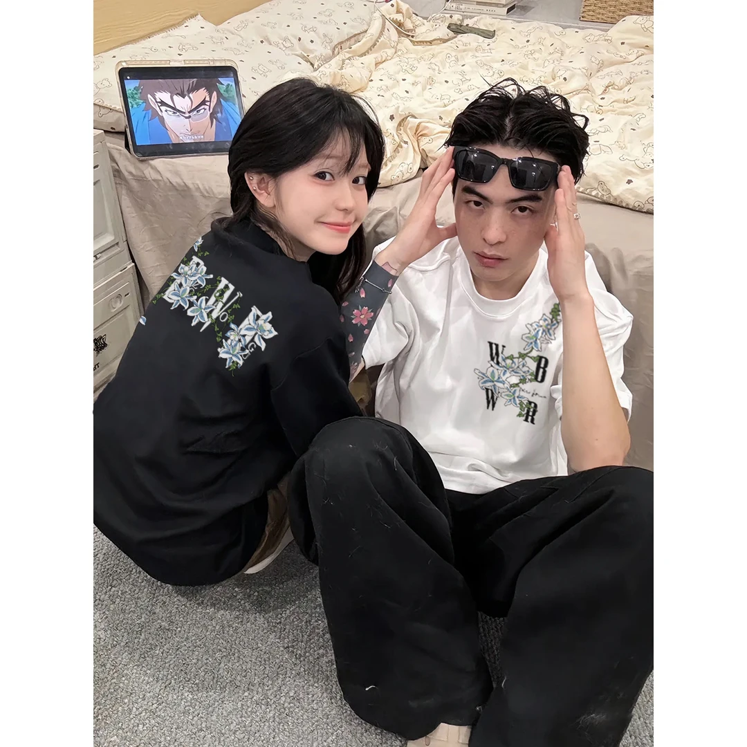 国潮牌创意植物花卉印花短袖t恤男夏季宽松休闲纯棉情侣圆领上衣