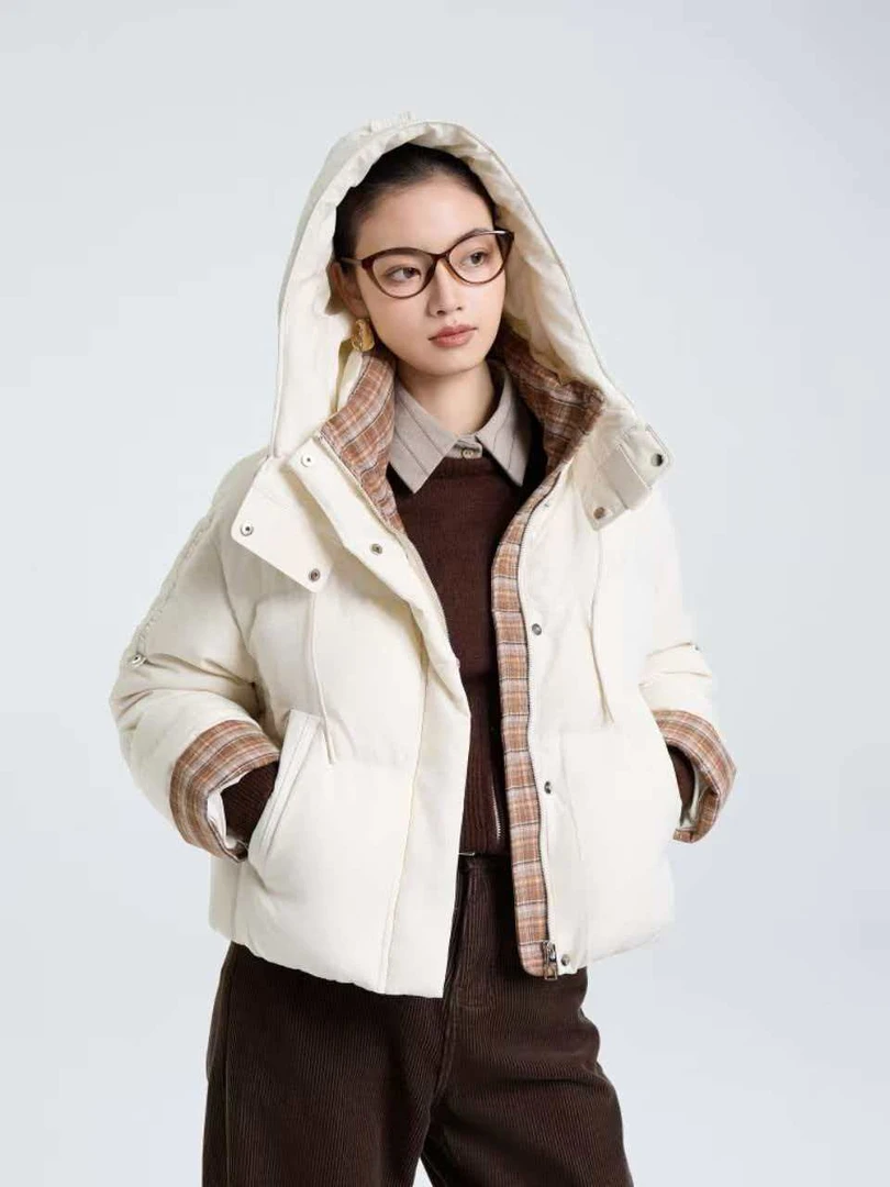 【D976】羽绒服女格纹拼接连帽2025冬季新款小个子零压感短款外套