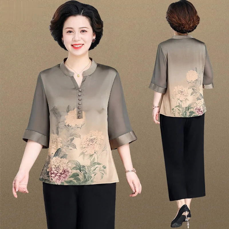 洋气妈妈装夏装套装2025新款新中式国风中老年女装夏季衬衫两件套